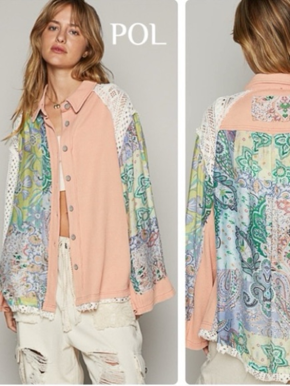 POL Peach Patchwork Crochet-Trim Button Front Shirt Jacket